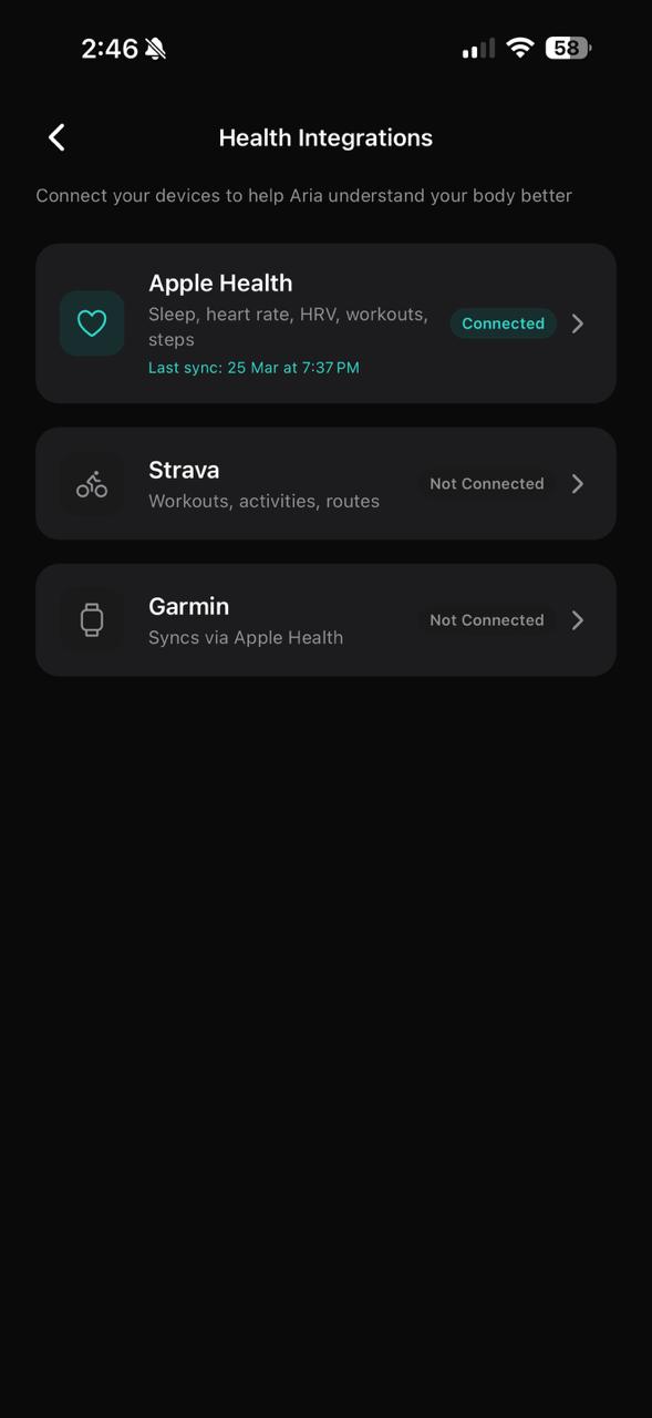 Health Integrations screen